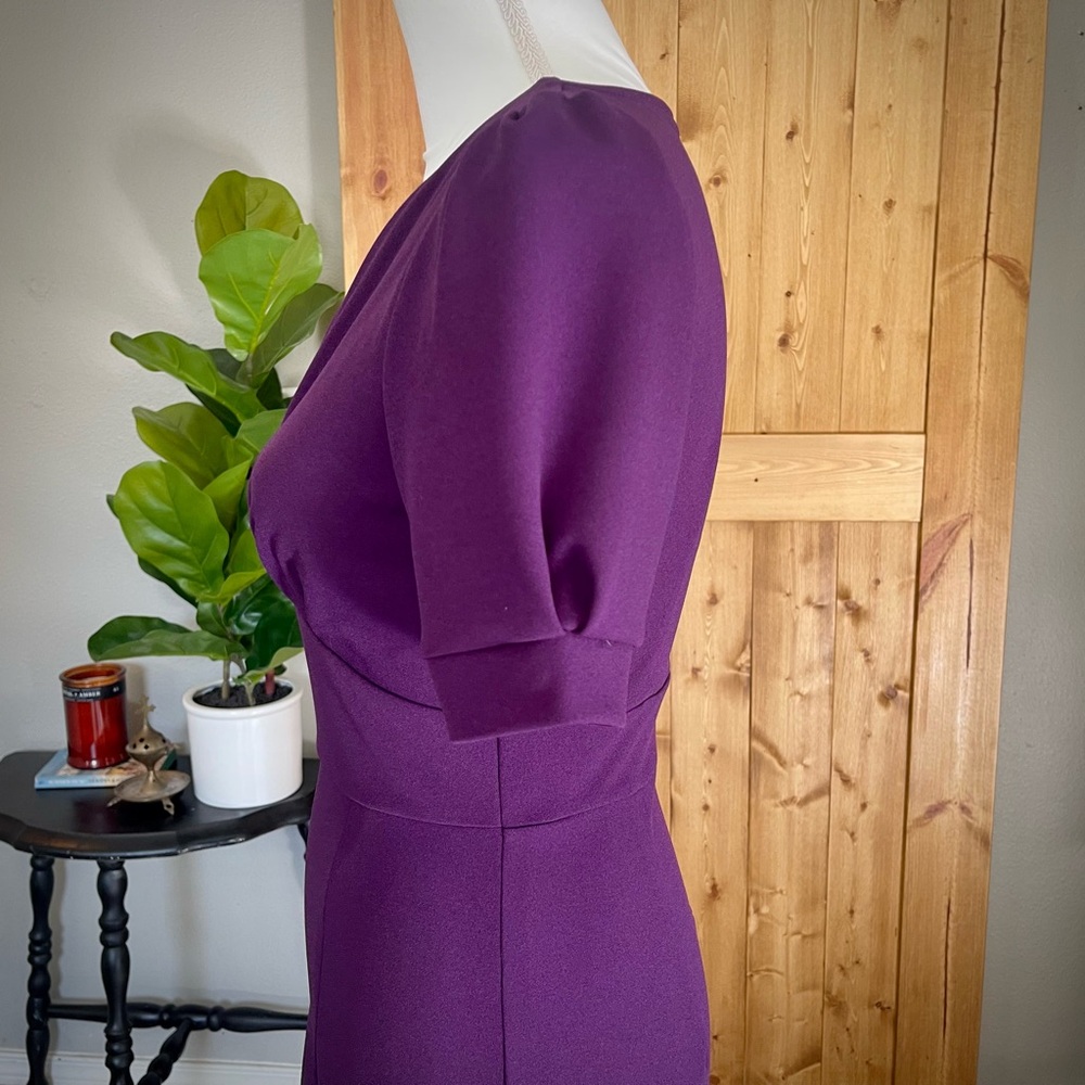 Miusol Retro 40’s Style Purple V-waist Puff Sleeve Bodycon Knee Length Dress - Picture 4 of 16